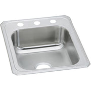 Stainless steel drop-in sink with single bowl and three holes along white rim for faucet installation.