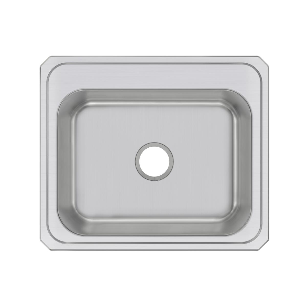 Stainless steel single bowl drop-in sink with rounded corners and one center drain hole.