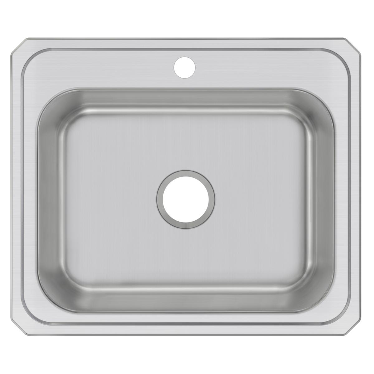 Stainless steel drop-in sink with single bowl and one faucet hole, rounded corners, brushed finish.