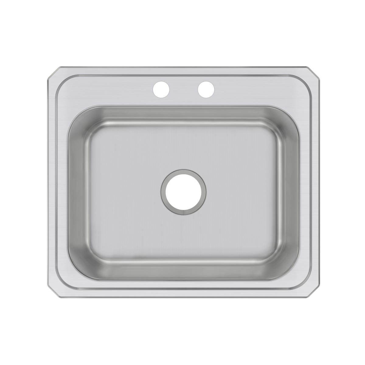 Stainless steel drop-in sink with single rectangular bowl and two holes for faucet installation.