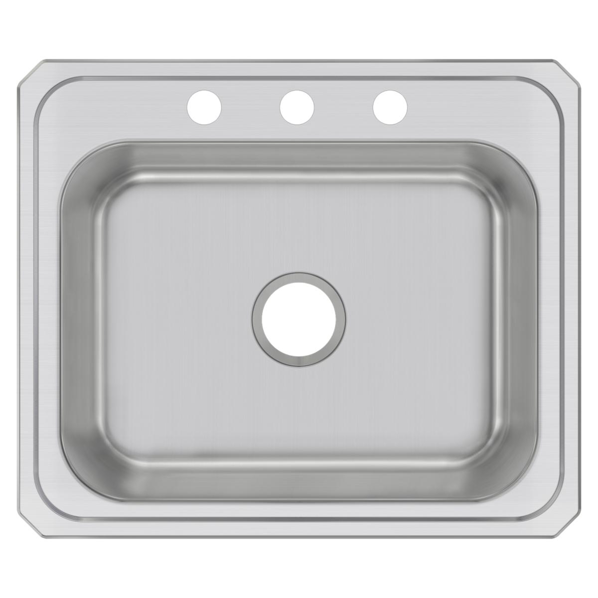 Stainless steel single bowl drop-in sink with three pre-drilled holes across the rim for faucet mounting.