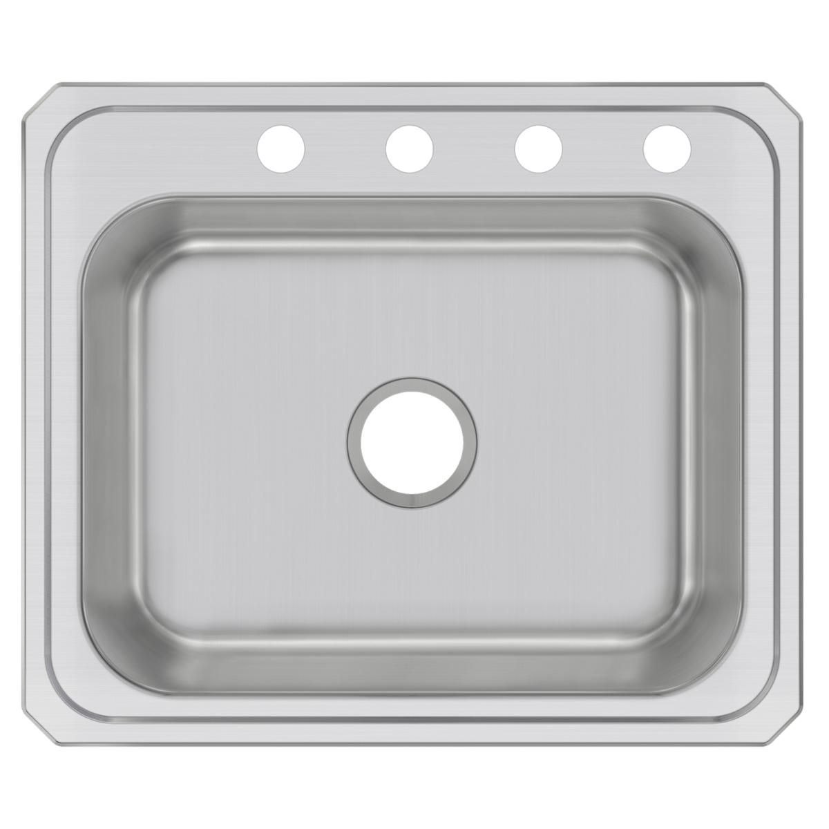 Stainless steel drop-in sink with single bowl and four pre-drilled holes along the rim for faucet mounting.