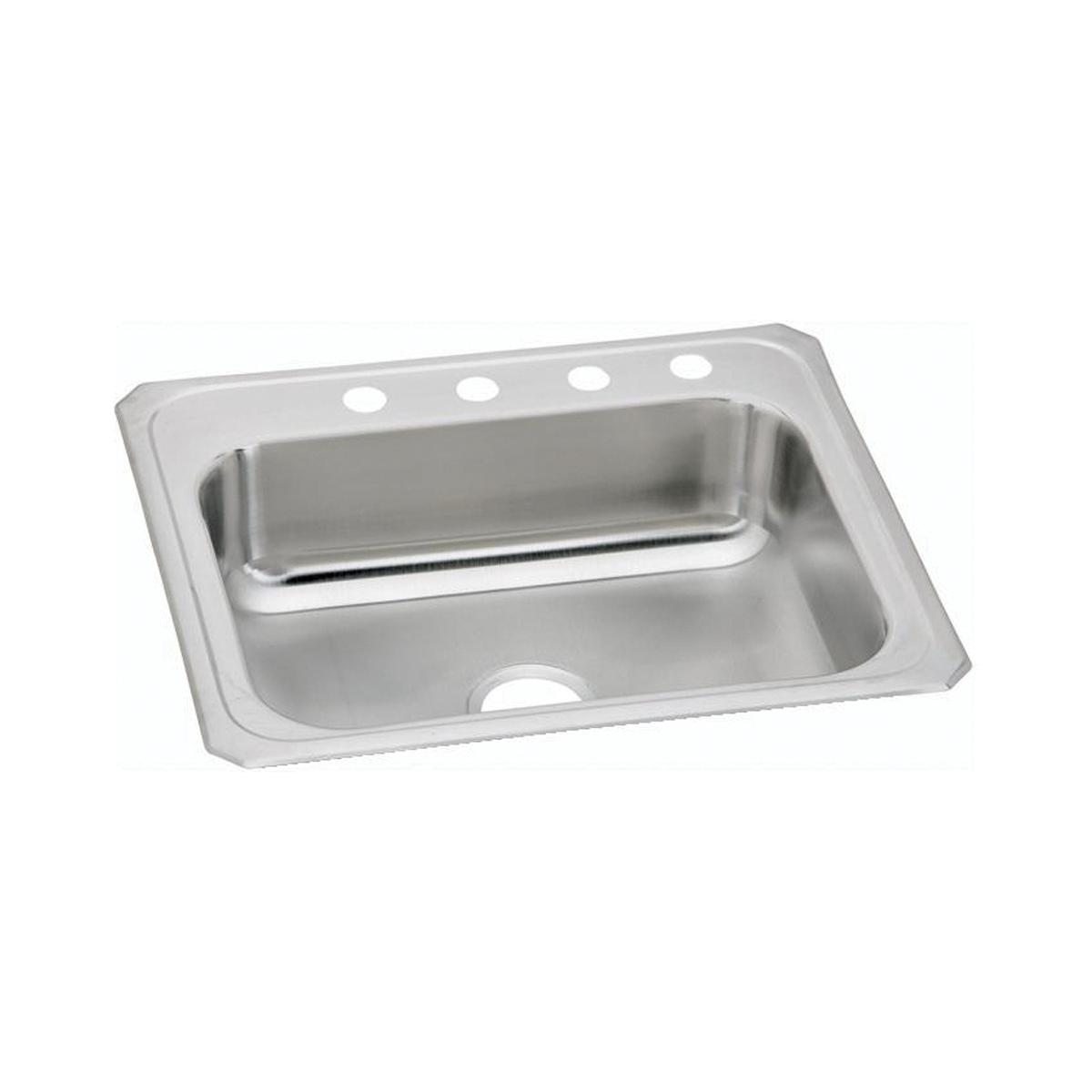 Stainless steel drop-in sink with single bowl and four holes along the rim for faucet mounting.