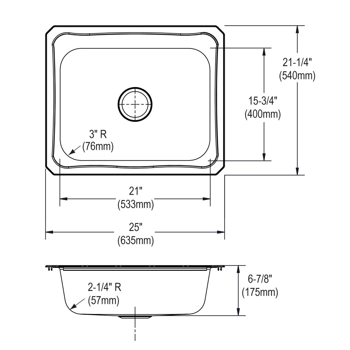 Stainless steel single bowl drop-in sink with rounded corners, one drain hole, and three pre-drilled holes, shown in top and 