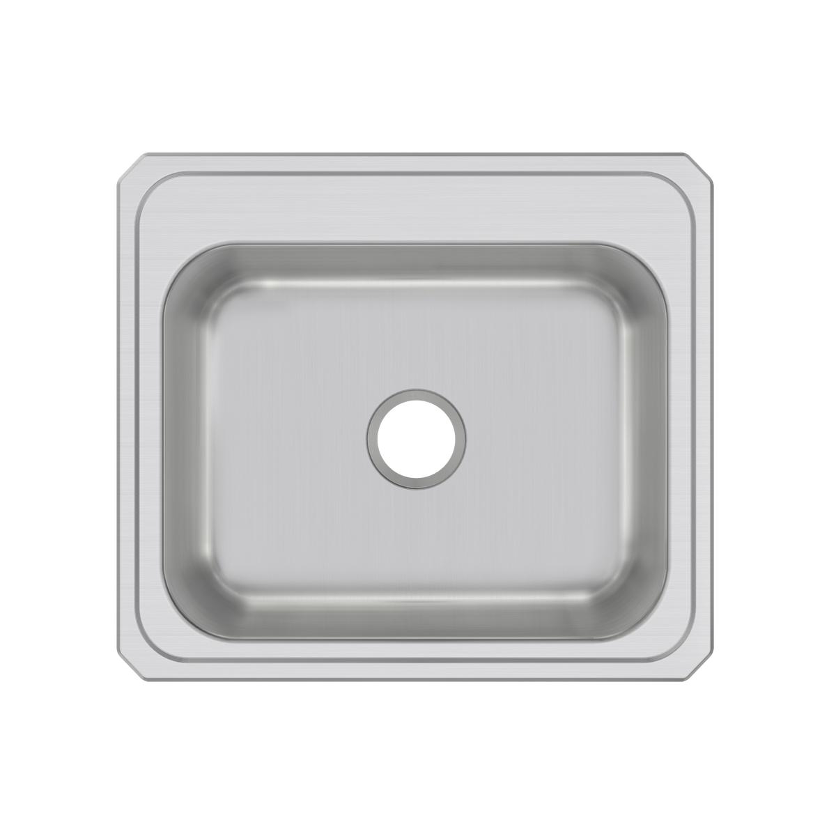 Stainless steel drop-in sink with single bowl and rounded corners, viewed from above.