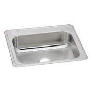Stainless steel drop-in sink with single rectangular bowl and rounded corners, shown from above angle.