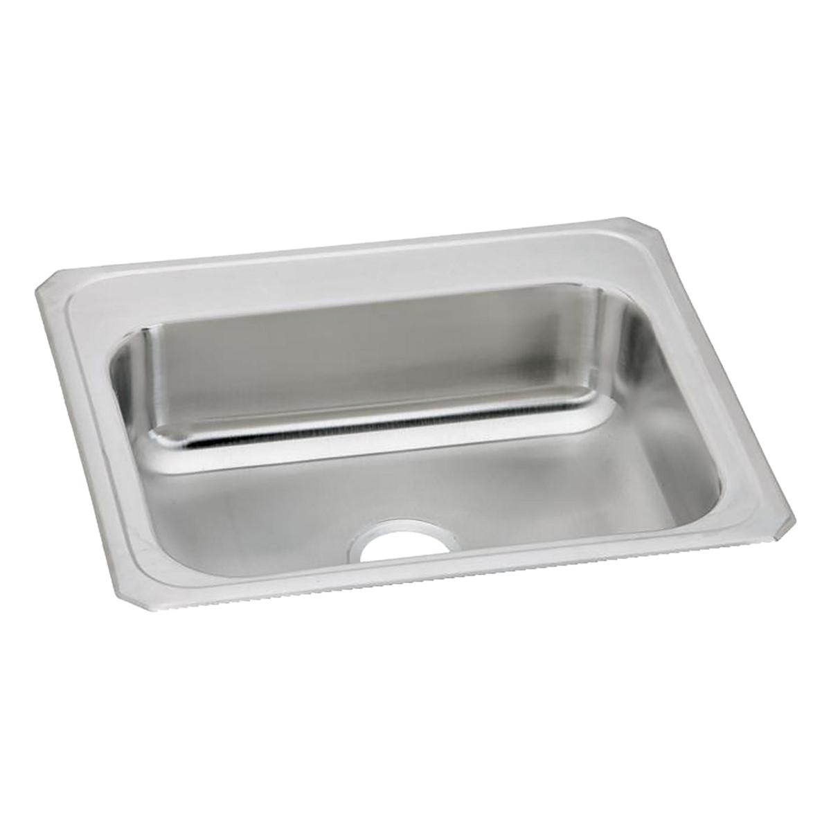 Stainless steel drop-in sink with single rectangular bowl and rounded corners, shown from above angle.