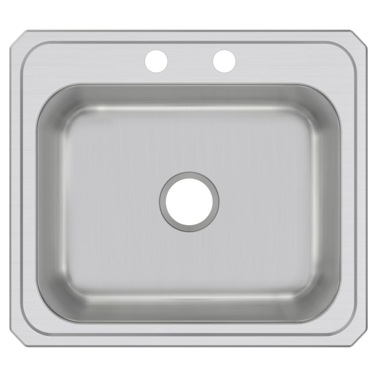 Stainless steel drop-in sink with single bowl, two pre-drilled holes on rim, and drain opening in basin center.