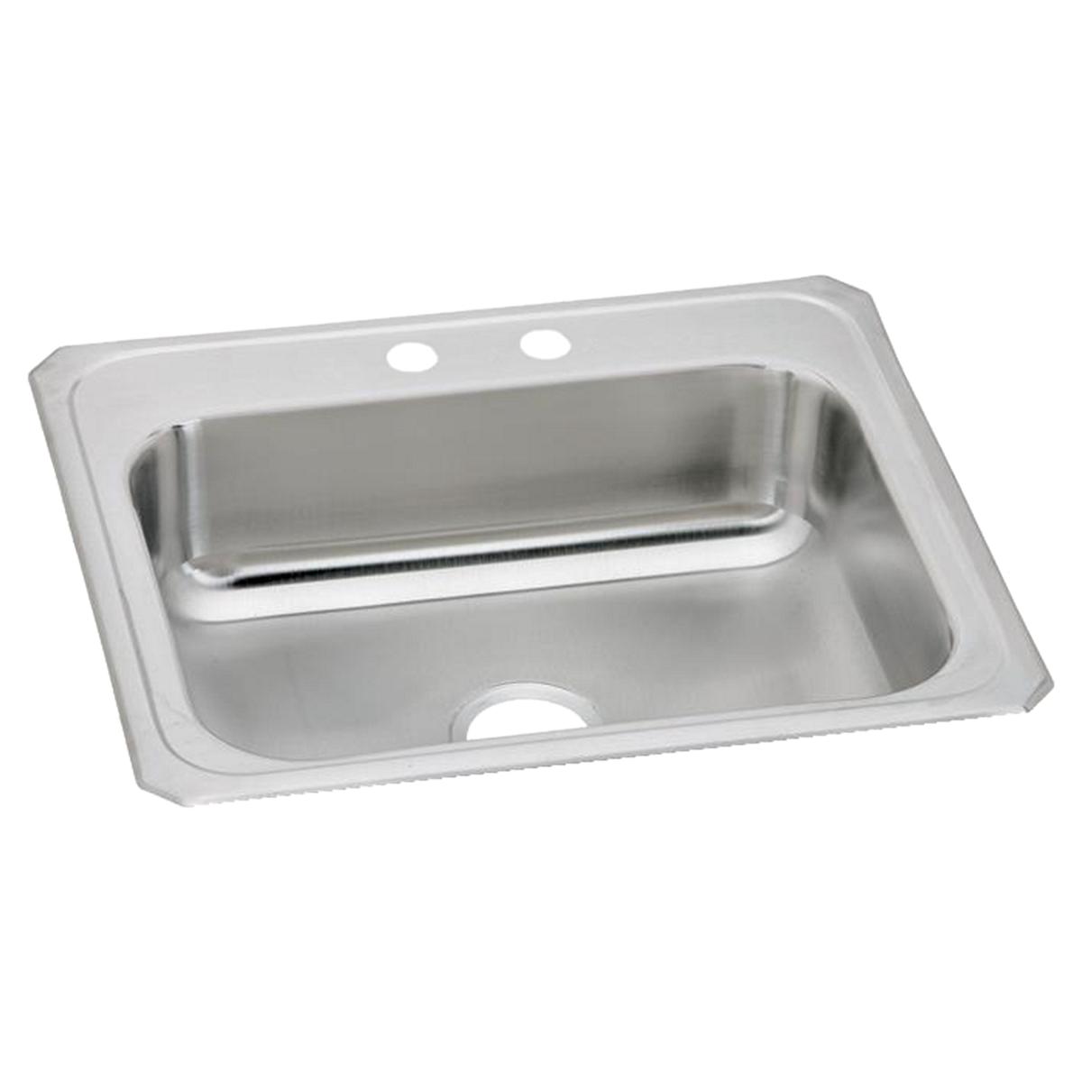Stainless steel drop-in sink with single bowl and two faucet holes on rim.