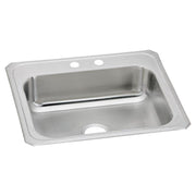 Stainless steel drop-in sink with single bowl and two faucet holes on rim.