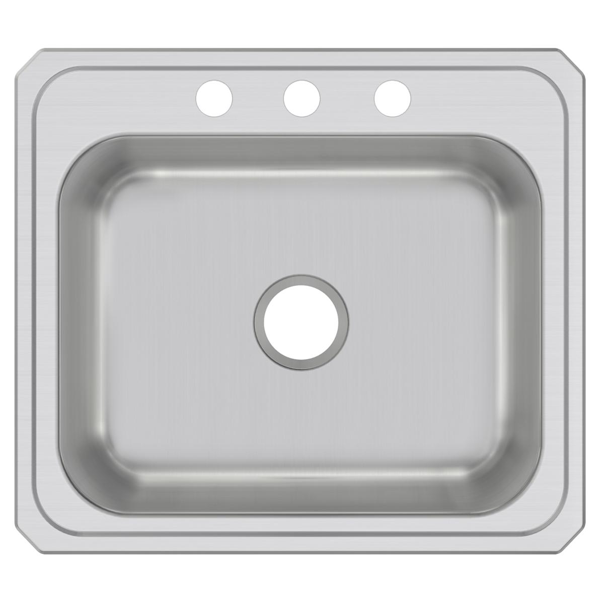 Stainless steel drop-in sink with single rectangular bowl and three mounting holes across the rim.