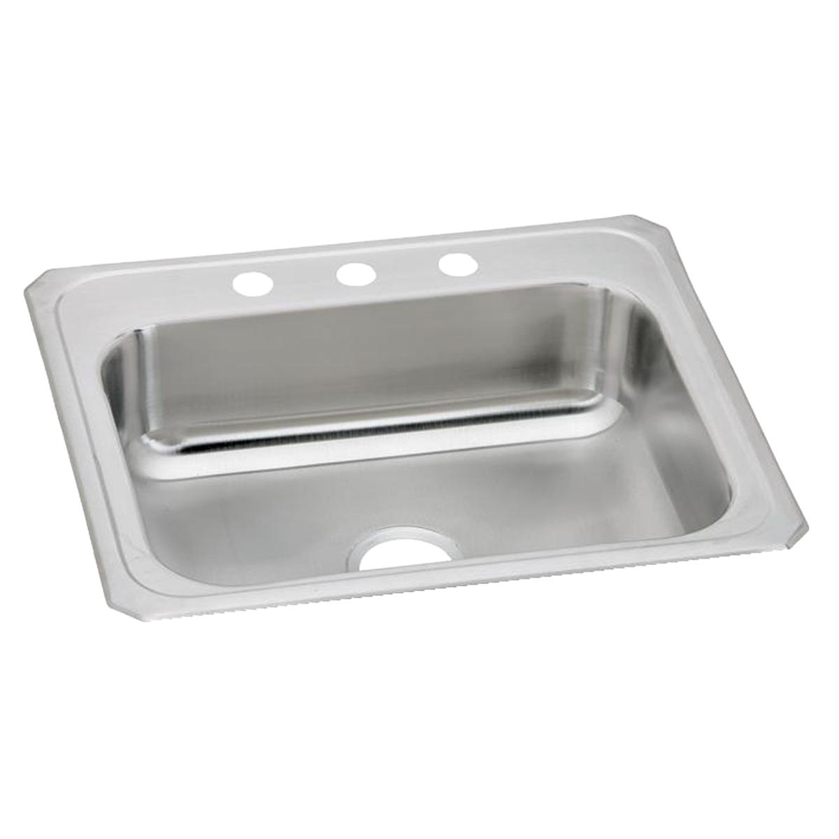 Stainless steel drop-in sink with single bowl and three mounting holes along the rim.