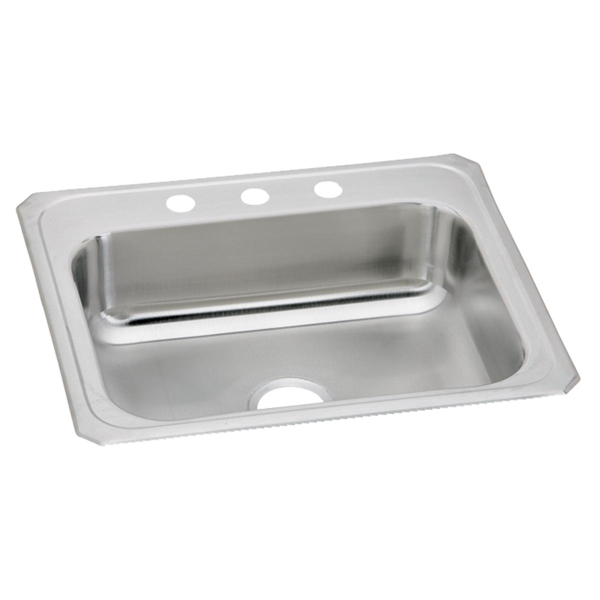 Stainless steel single bowl drop-in sink with two holes and rounded corners.
