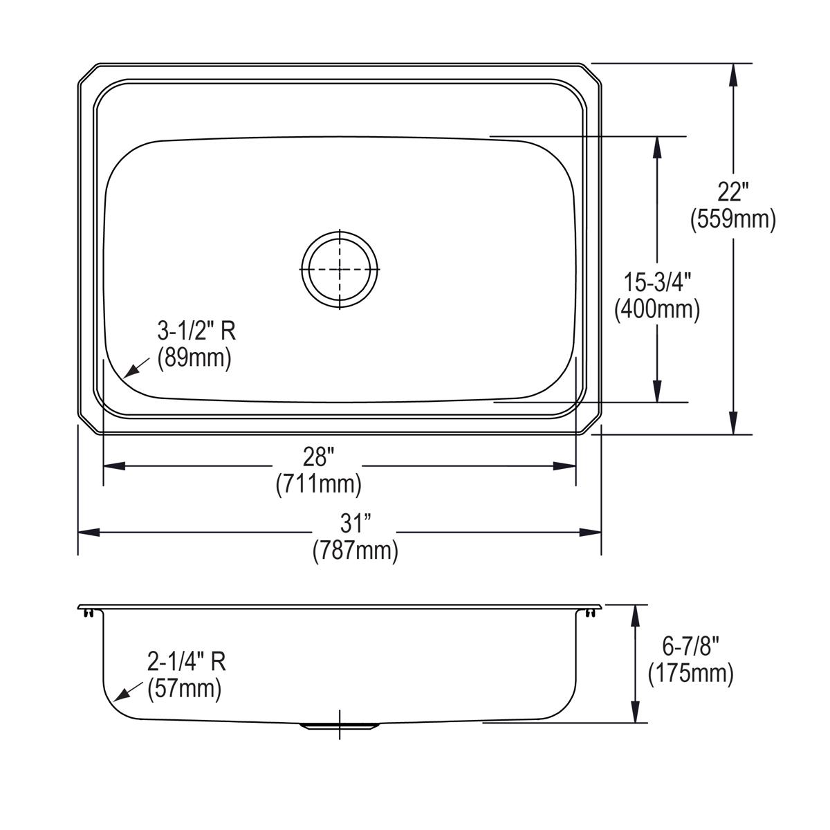 Stainless steel single bowl drop-in sink with rounded corners, top and side view showing dimensions and drain hole placement.