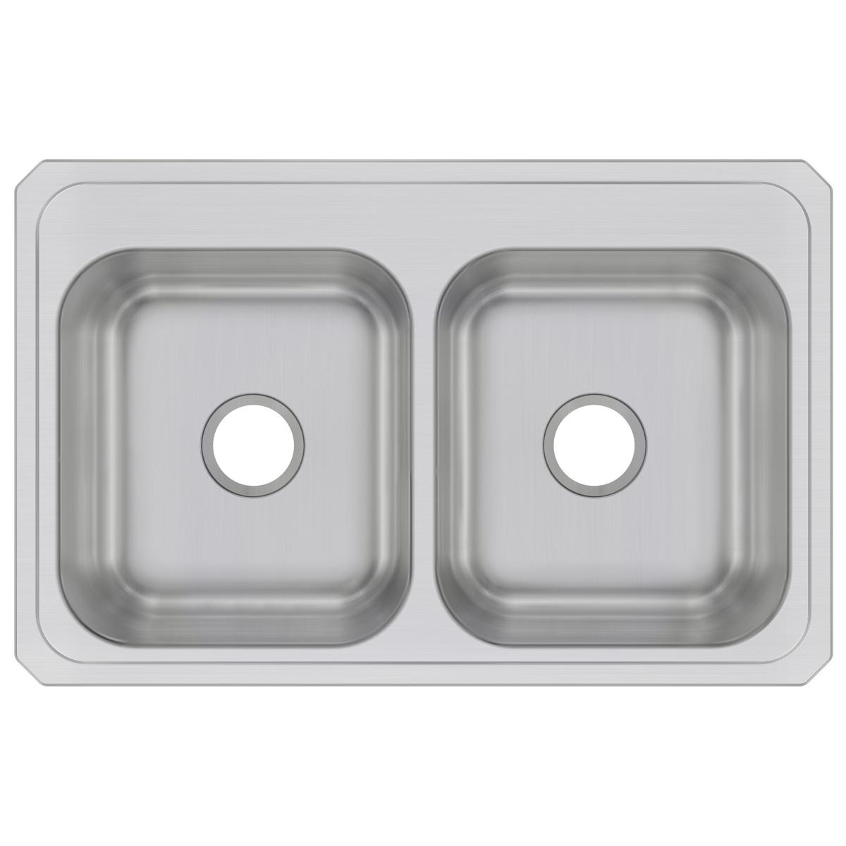 Stainless steel drop-in sink with two equal rectangular bowls and rounded corners, viewed from above.