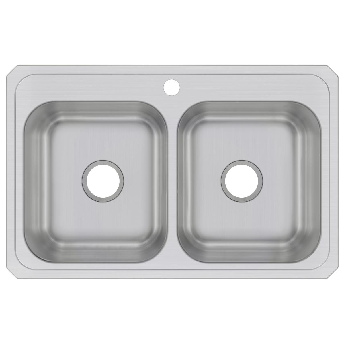 Stainless steel double bowl drop-in sink with equal-sized rectangular basins and single faucet hole.