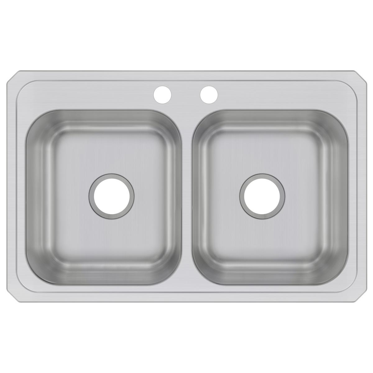 Stainless steel double bowl drop-in sink with two faucet holes and drain openings in each bowl.