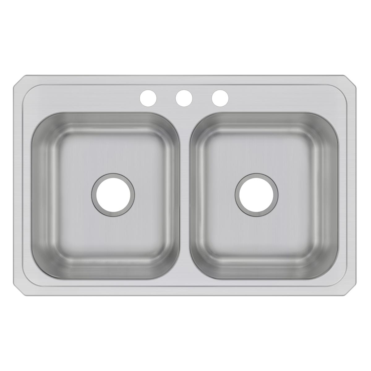 Stainless steel drop-in sink with two equal rectangular bowls and three faucet holes across the top rim.