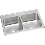 Stainless steel double bowl drop-in sink with two equal-sized basins and three faucet holes along the rim.
