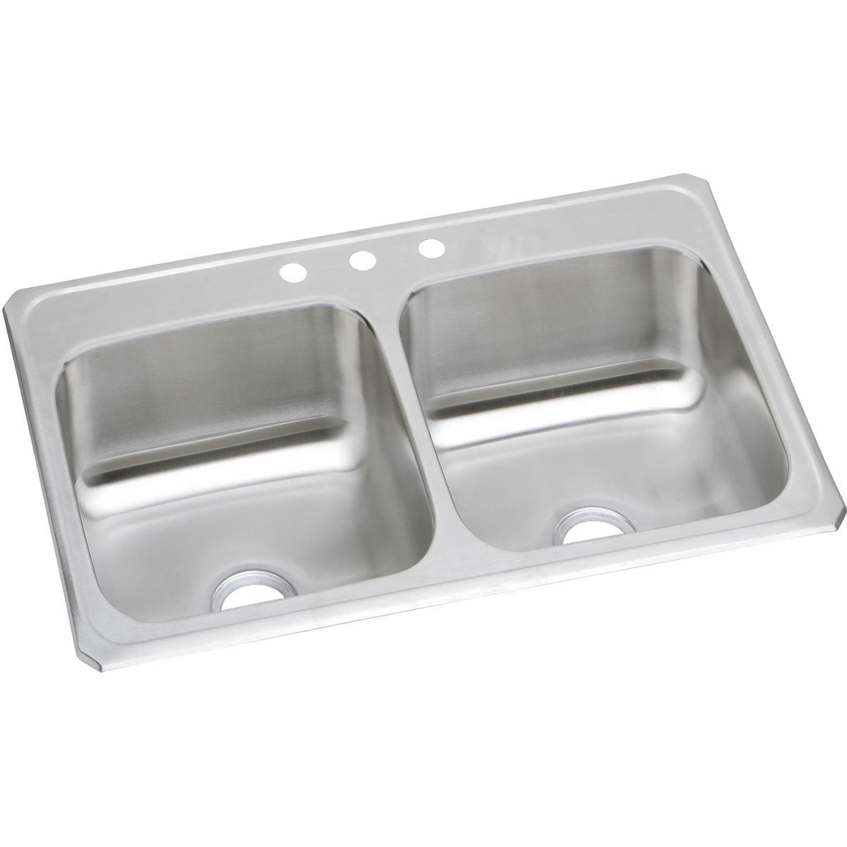 Stainless steel double bowl drop-in sink with two equal-sized basins and three faucet holes along the rim.