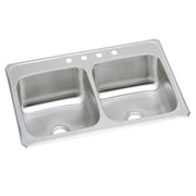 Stainless steel drop-in double bowl sink with two equal-sized basins and four faucet holes across the rim.