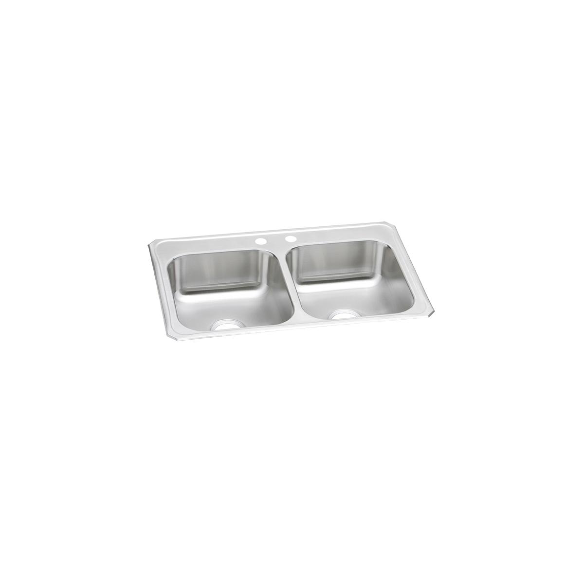 Stainless steel double bowl drop-in sink with two faucet holes and equal-sized rectangular basins.