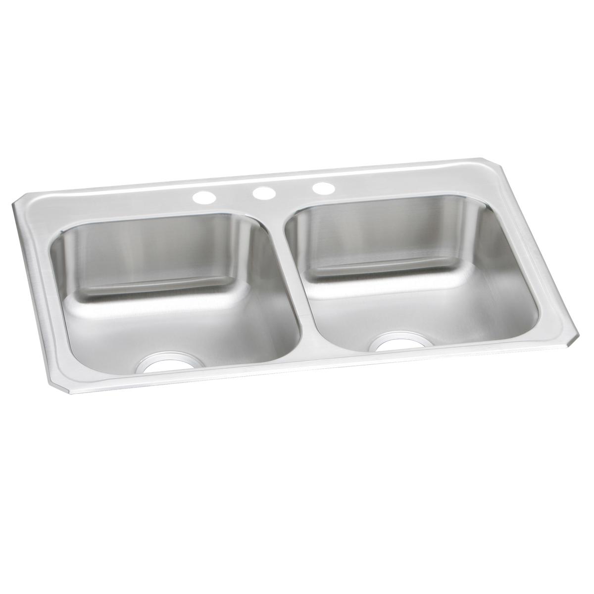 Stainless steel drop-in sink with two equal rectangular bowls and three holes in white rim.