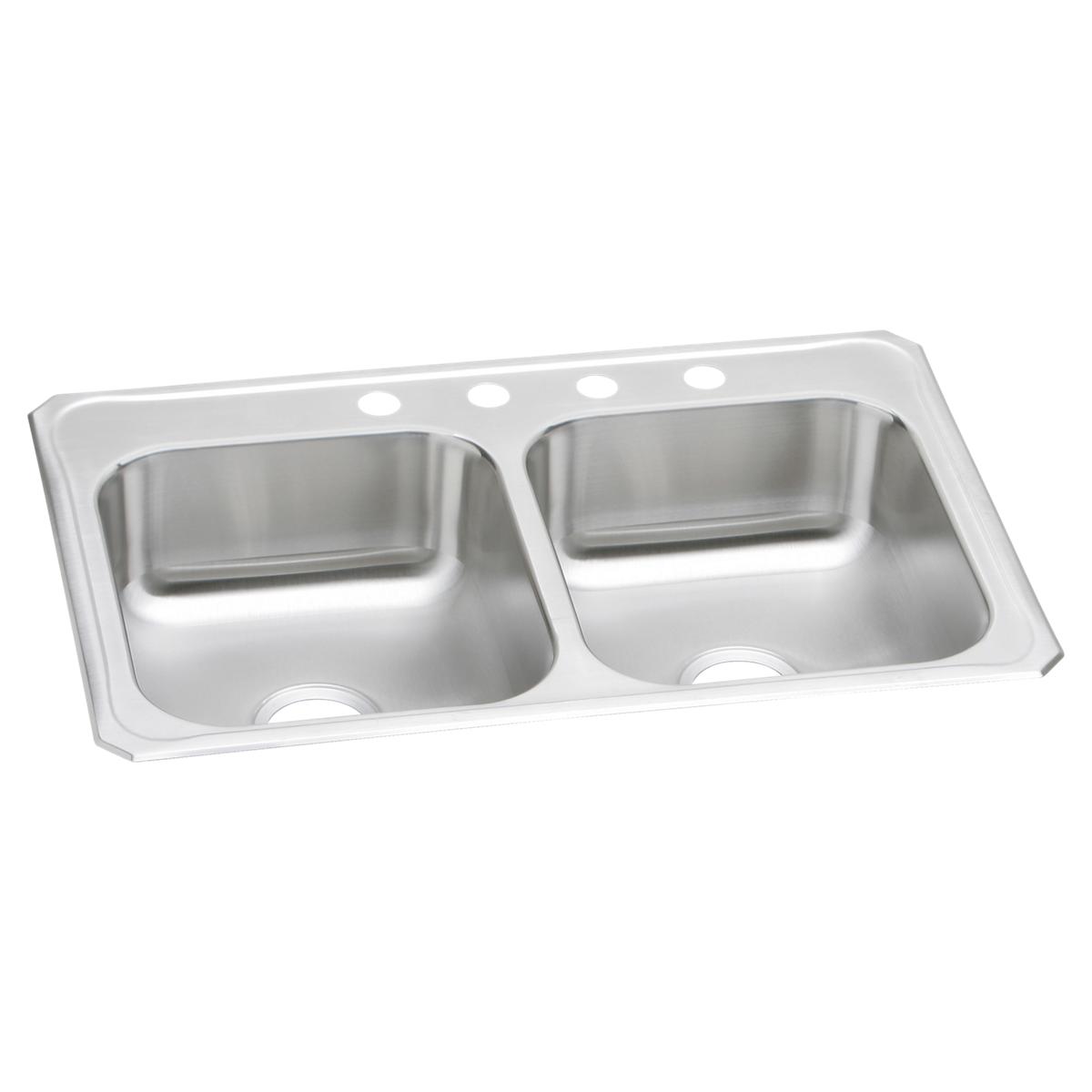 Stainless steel double bowl drop-in sink with four holes and white rim, viewed from above at an angle.