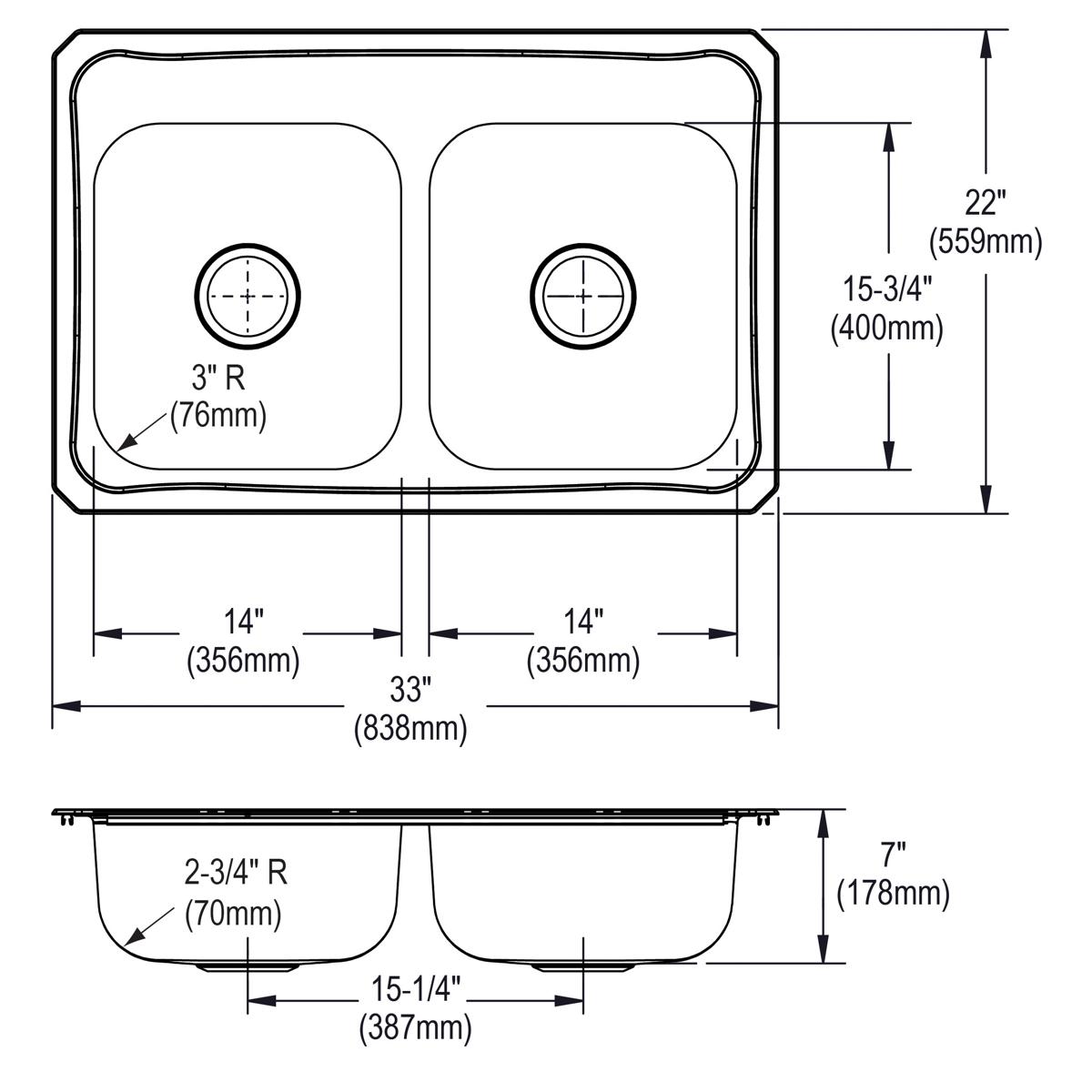 Elkay Celebrity Stainless Steel 33" x 22" x 7", 4-Hole Equal Double Bowl Drop-in Sink