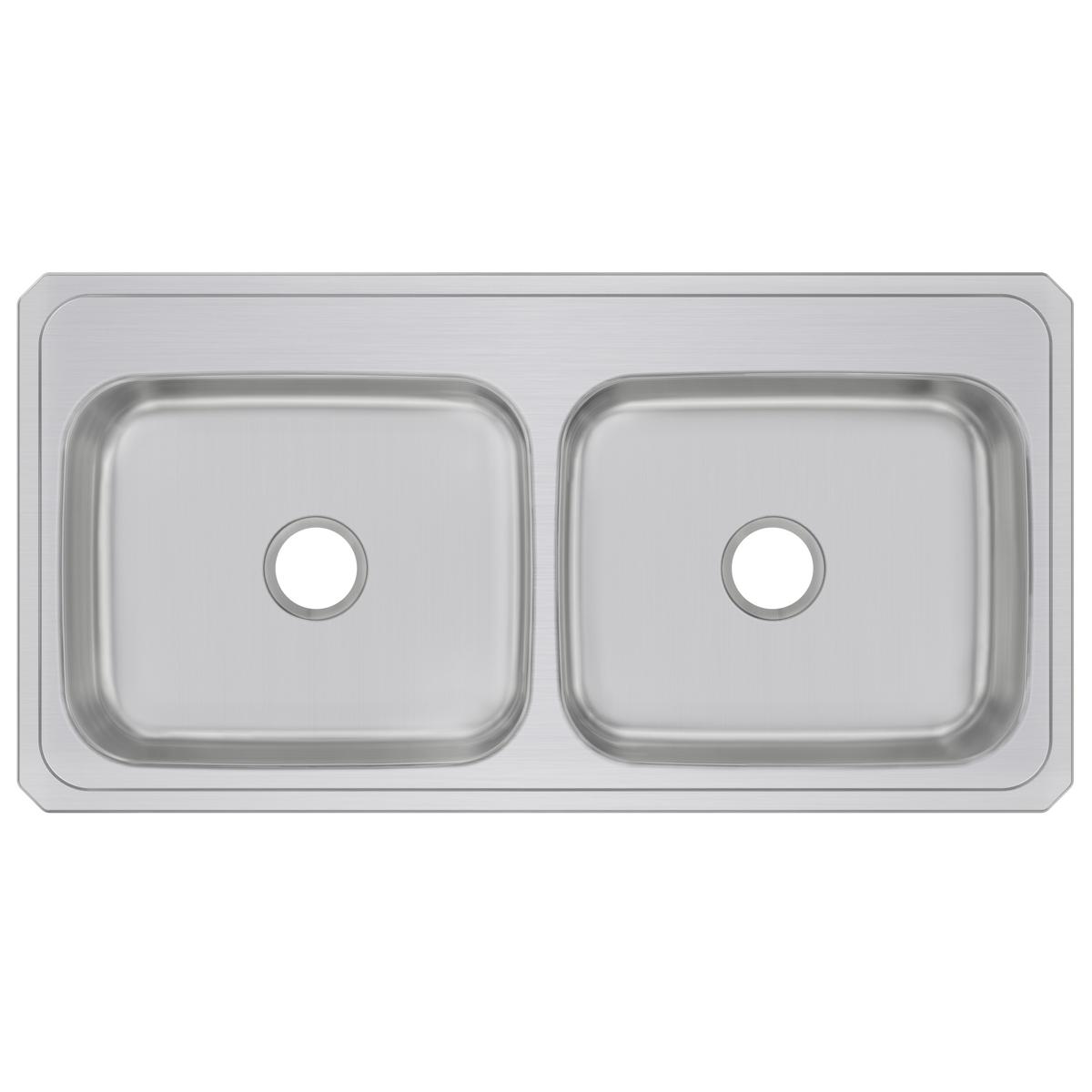 Stainless steel drop-in sink with two equal square bowls and small drain holes, viewed from above.