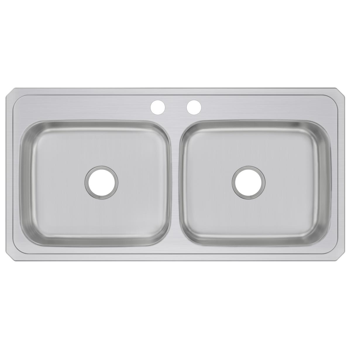 Stainless steel double bowl drop-in sink with two faucet holes and drain openings in each bowl.