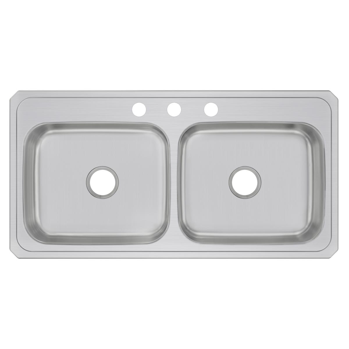 Stainless steel double bowl drop-in sink with three faucet holes and drain openings in each bowl.
