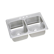 Stainless steel double bowl drop-in sink with three faucet holes along the rim.