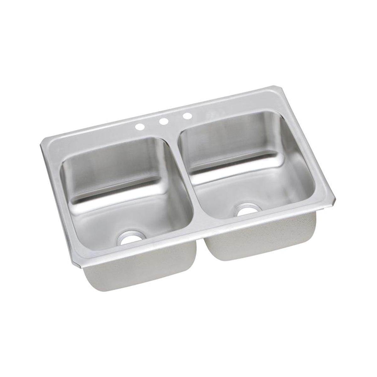 Stainless steel double bowl drop-in sink with three faucet holes along the rim.