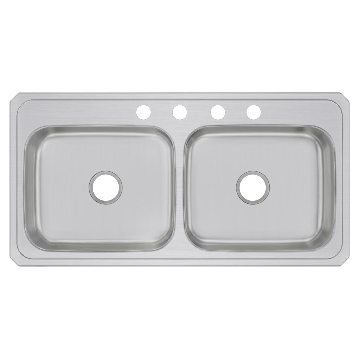 Stainless steel drop-in sink with two equal rectangular bowls and four holes across the rim for faucet installation.