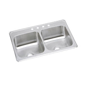 Stainless steel double bowl drop-in sink with two equal basins and faucet holes along the rim.