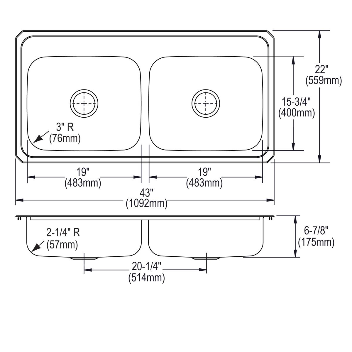 Stainless steel double bowl drop-in sink with two equal basins and three hole placements, shown in top and side views with di