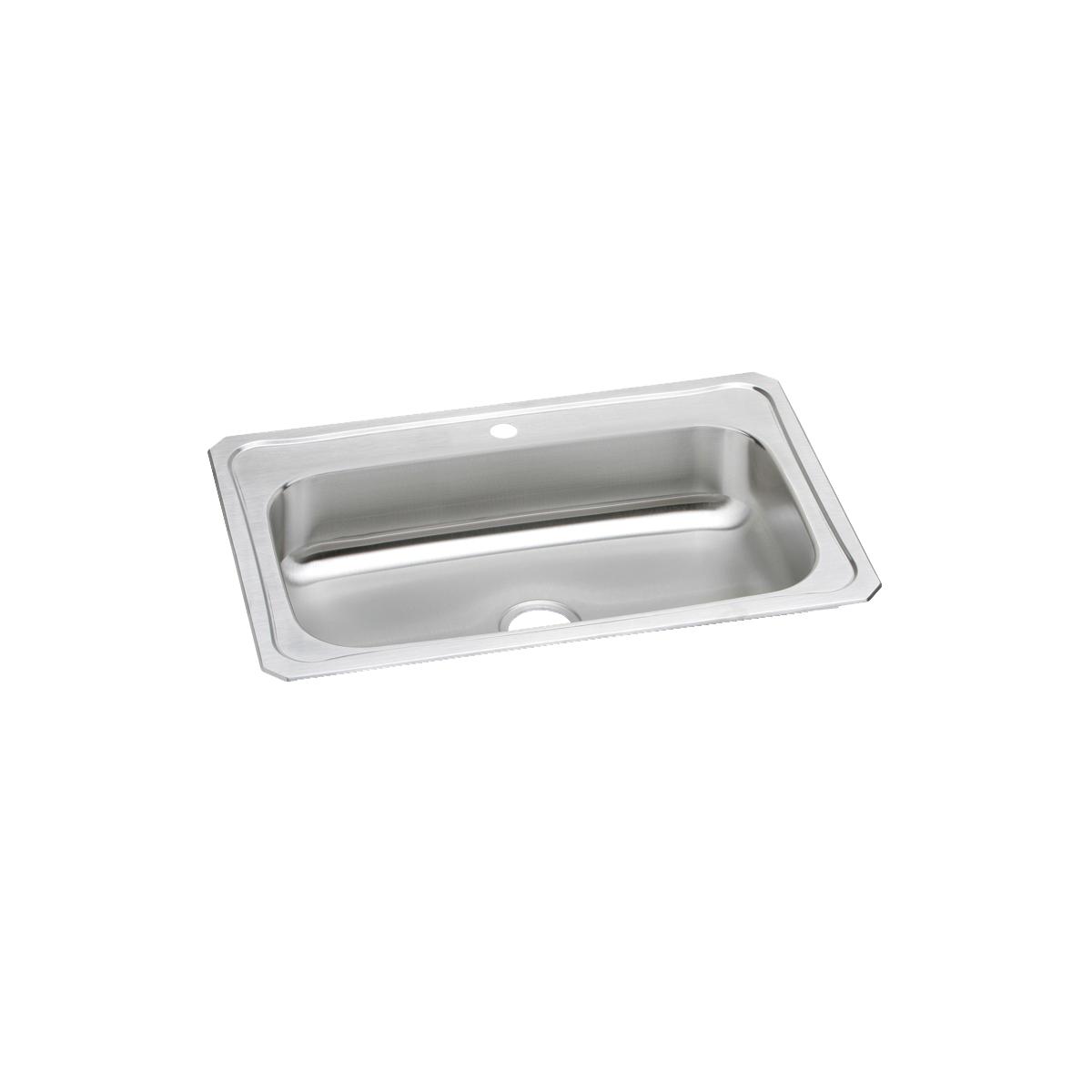 Stainless steel drop-in sink with single bowl and one faucet hole.