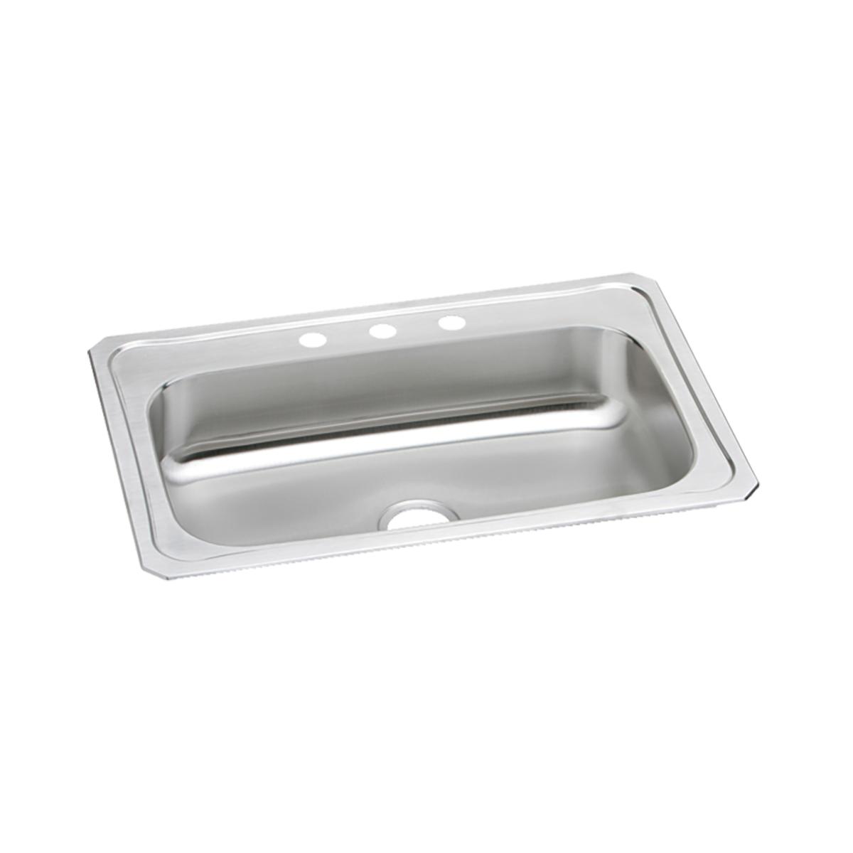 Stainless steel drop-in sink with single bowl and three pre-drilled holes along the rim.