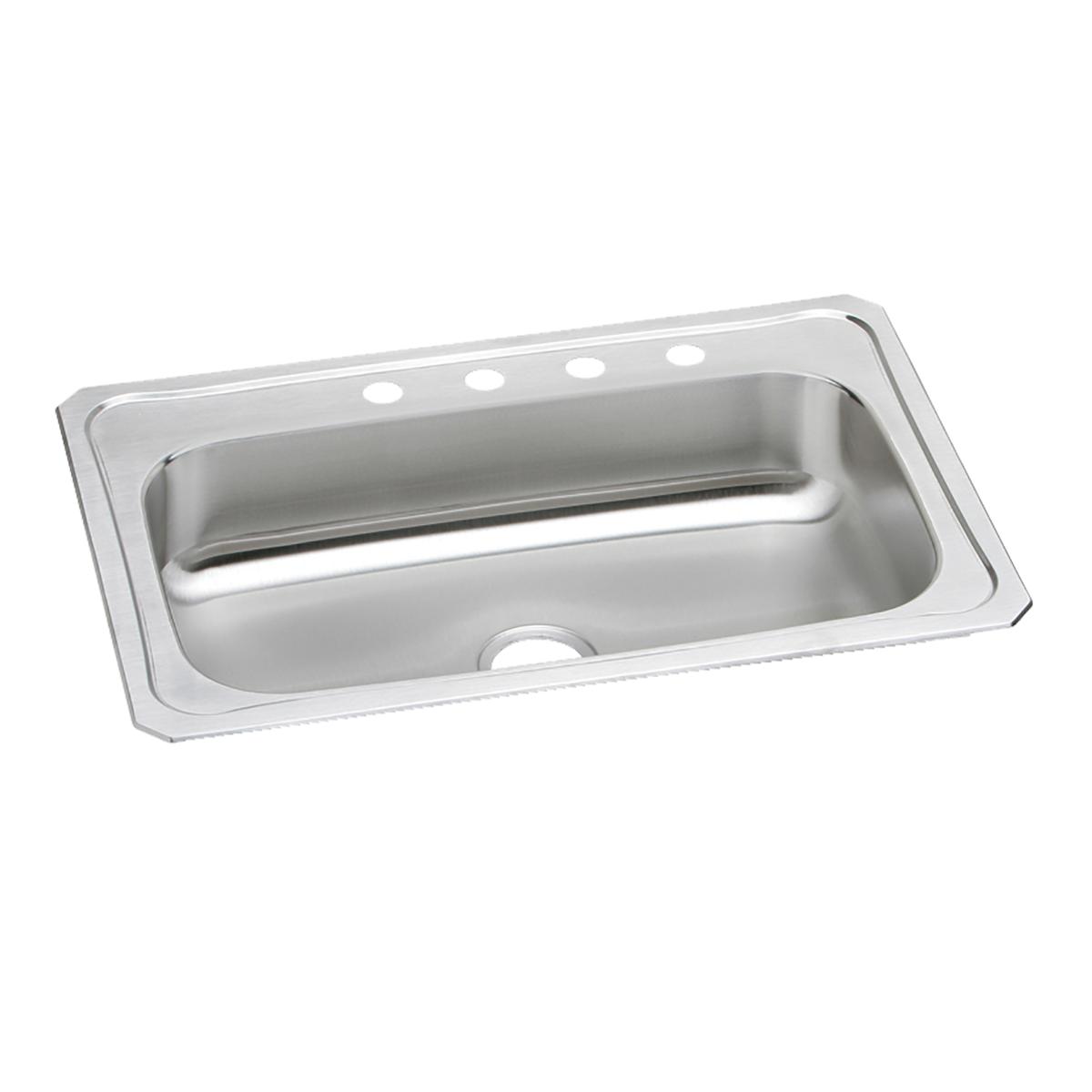 Stainless steel drop-in sink with single bowl and four faucet holes along the rim.