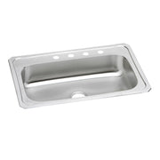 Stainless steel drop-in sink with single bowl and four faucet holes along the rim.