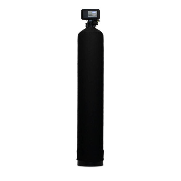 Black cylindrical water filtration tank with digital control valve mounted on top.