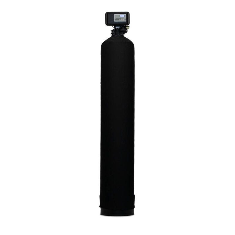 Black cylindrical carbon filter tank with digital control valve head mounted on top.