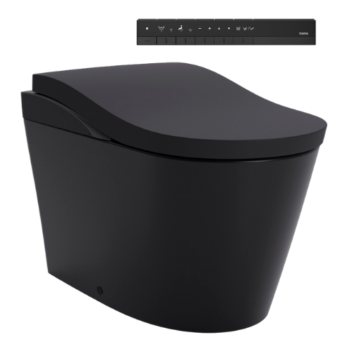 Matte black one-piece elongated toilet with dual flush bidet seat and control panel.