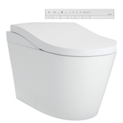 Matte white elongated toilet with integrated bidet seat and remote control panel mounted above.