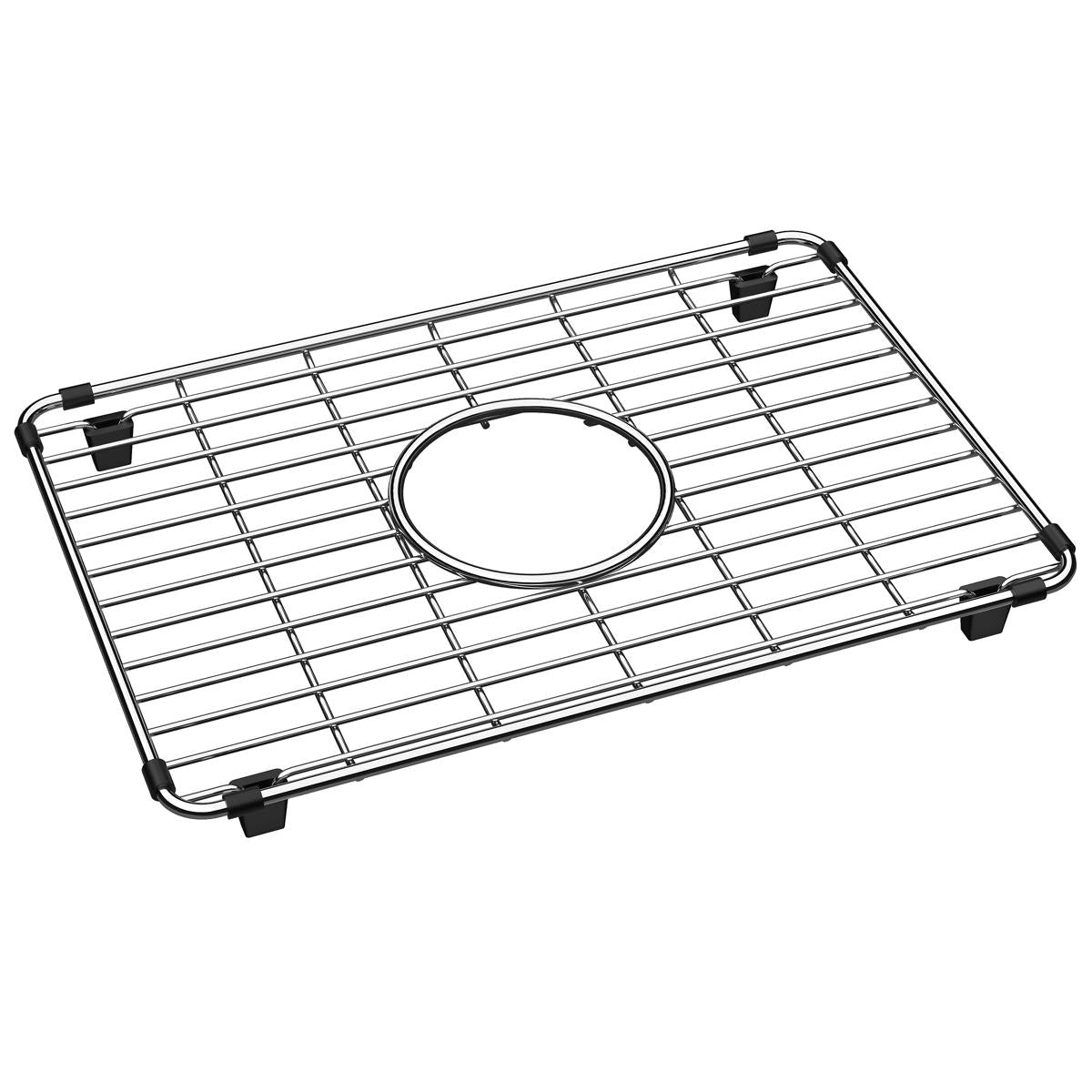 Stainless steel sink bottom grid with rectangular wire pattern and center drain opening, featuring black rubber feet at corne