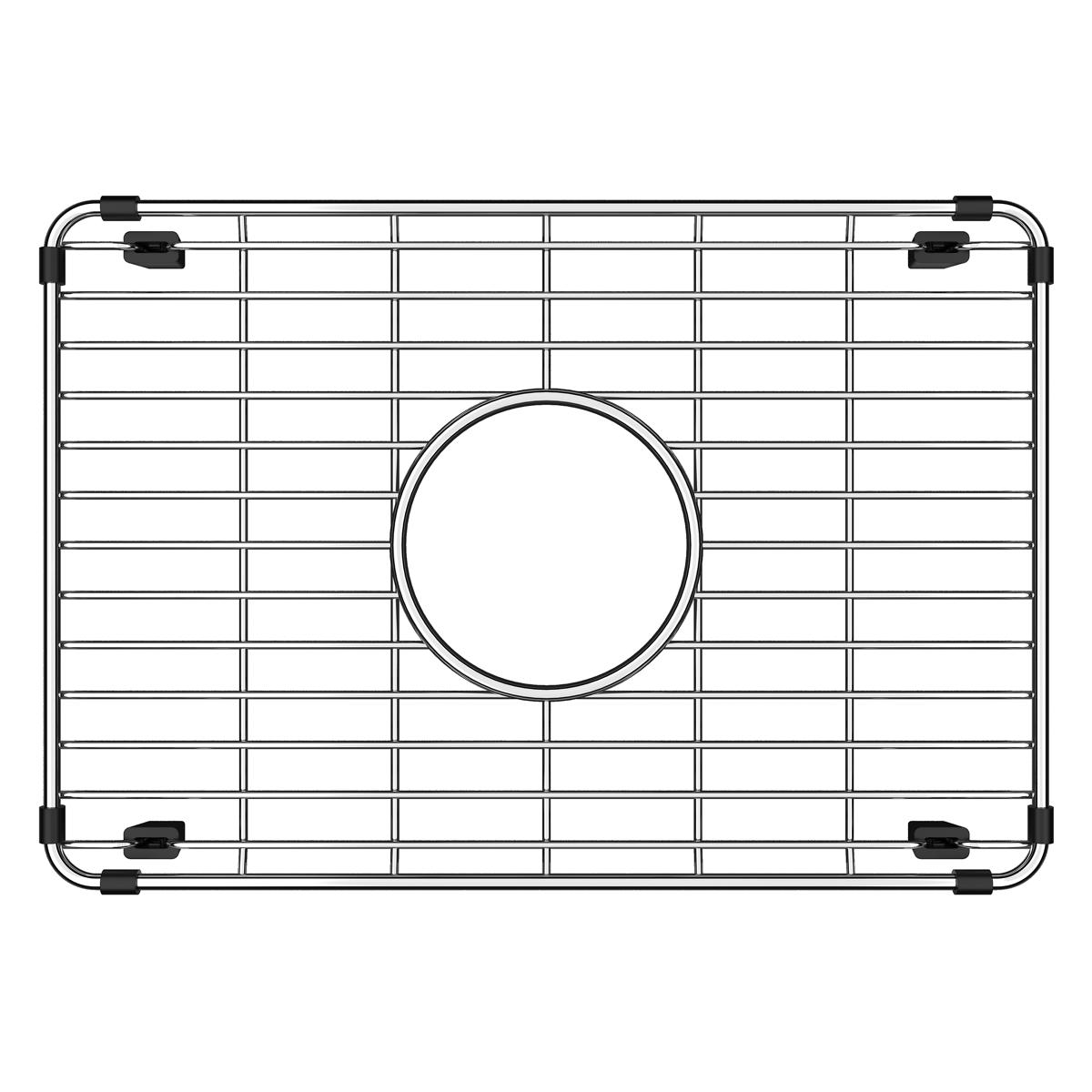 Stainless steel sink bottom grid with horizontal and vertical bars, center drain hole, and black corner clips.