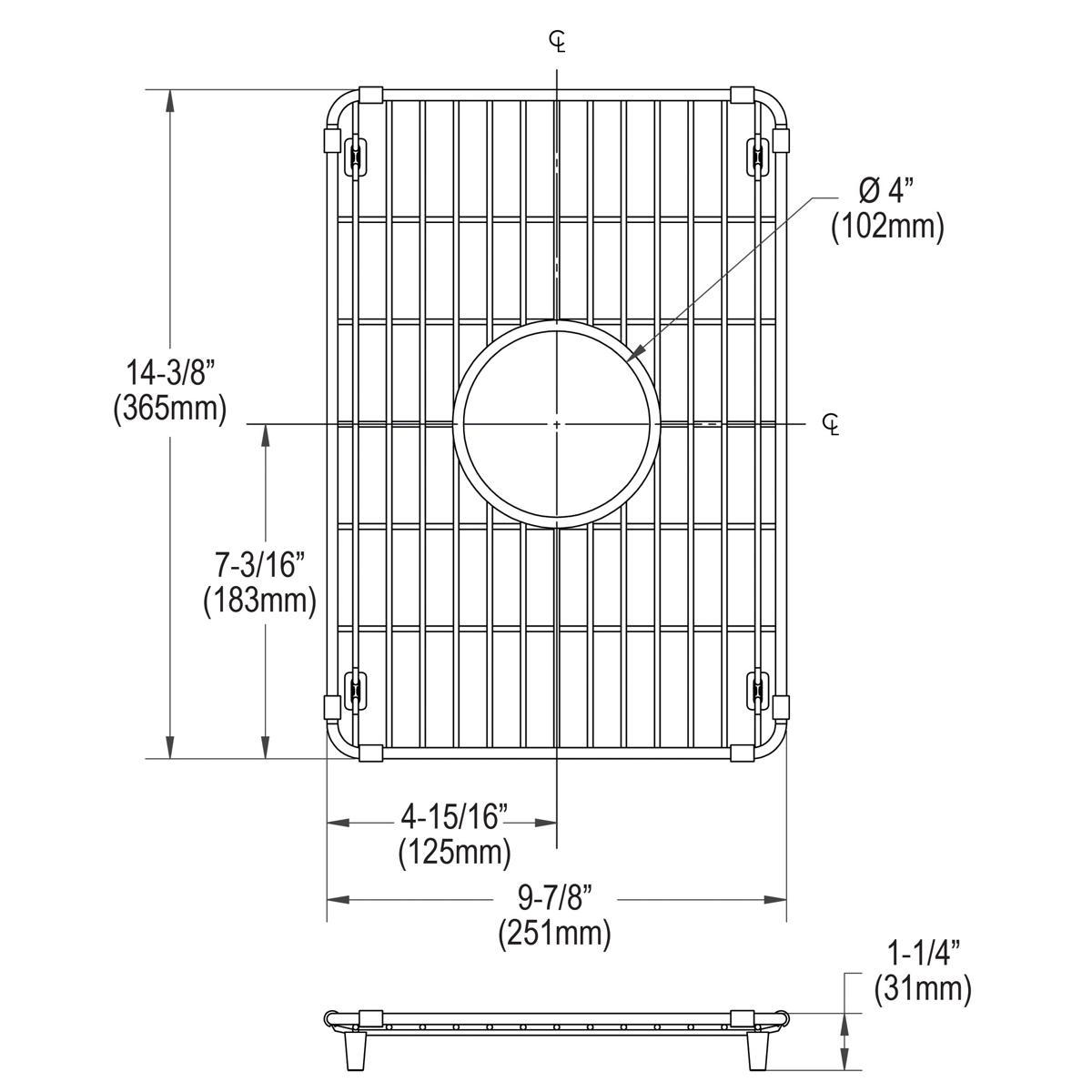 Stainless steel sink grid with parallel bars and circular drain opening, featuring corner handles and feet.