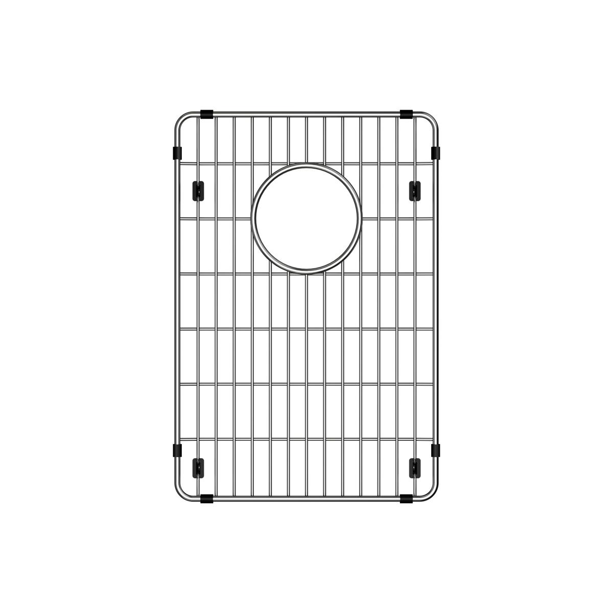 Stainless steel sink bottom grid with vertical bars and center circular opening, featuring black rubber corner feet.