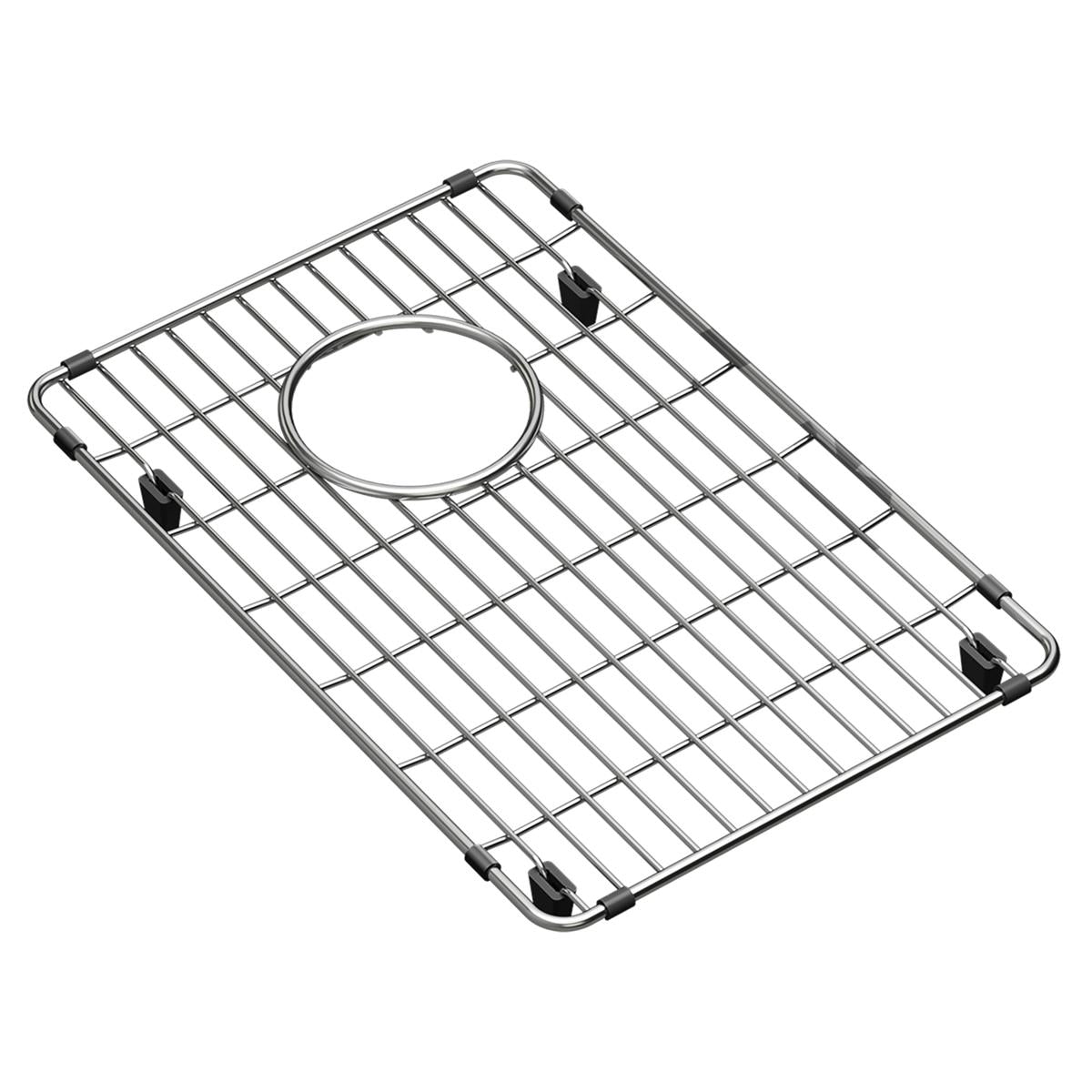 Stainless steel sink grid with parallel bars and circular drain opening, fitted with four black rubber feet.